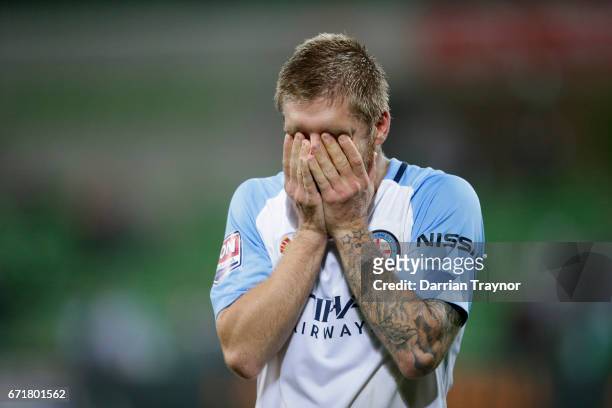 Luke Brattan of Melbourne City reacts after the A-League Elimination Final match between Melbourne City FC and the Perth Glory at AAMI Park on April...