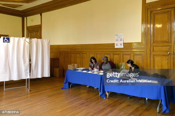 View of the cabins where voters put their candidates name in the enveloppe in the first round of the French Presidential Election on April 23, 2017...