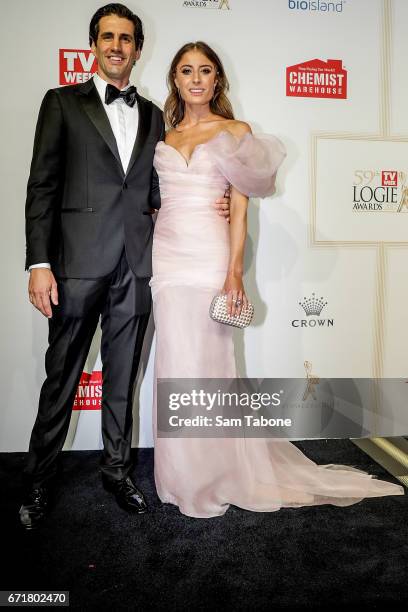 Andy Lee and Rebecca Harding arrives at the 59th Annual Logie Awards at Crown Palladium on April 23, 2017 in Melbourne, Australia.