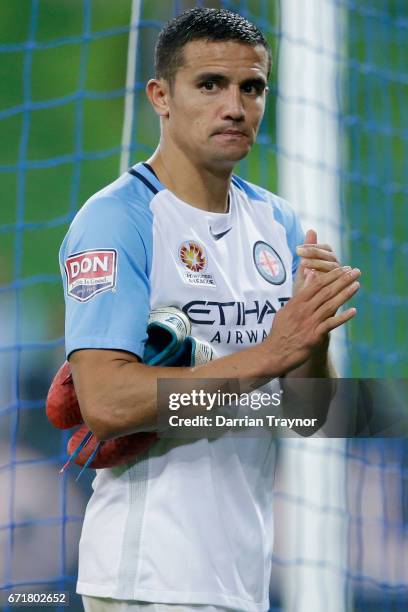Dejected Tim Cahill of Melbourne City leaves the ground after the A-League Elimination Final match between Melbourne City FC and the Perth Glory at...