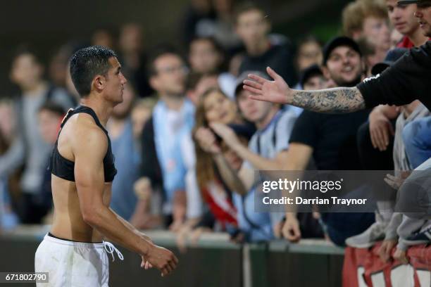 Tim Cahill of Melbourne City acknowledges the fans after the A-League Elimination Final match between Melbourne City FC and the Perth Glory at AAMI...