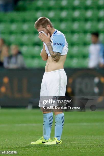 Luke Brattan of Melbourne City reacts after the A-League Elimination Final match between Melbourne City FC and the Perth Glory at AAMI Park on April...