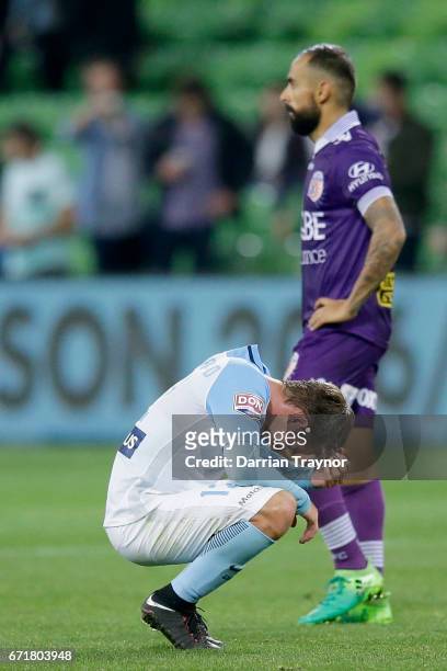 Nick Fitzgerald of Melbourne City slumps to the ground after his teams season ending loss in the A-League Elimination Final match between Melbourne...