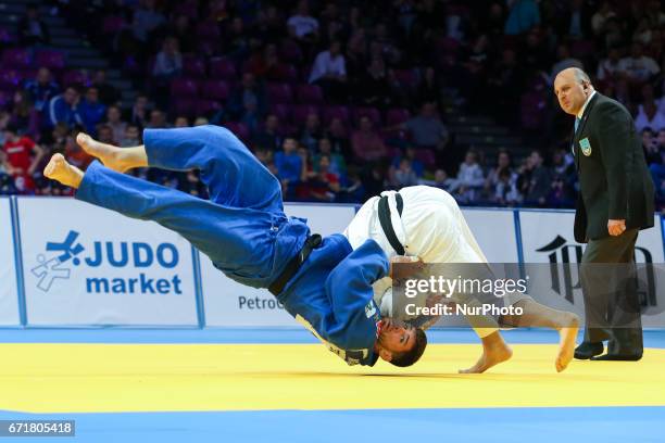 French Cyrille Maret fights with Elkhan Mammadov from Azerbaijan during men under 100kg competition during the European Judo Championship in Warsaw,...