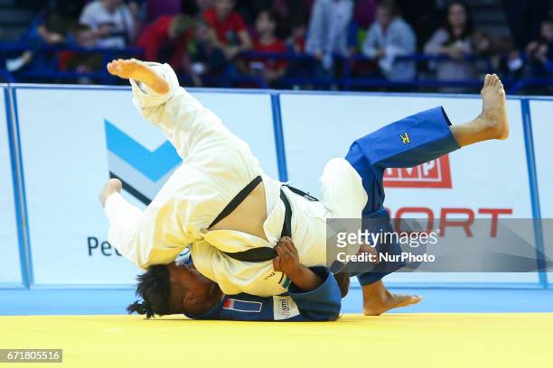 French Audrey Tcheumeo fights with Nederland's Guusje Steenhuis during final fight of women under 78kg competition during the European Judo...
