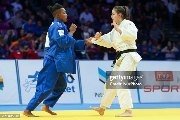 French Audrey Tcheumeo fights with Nederland's Guusje Steenhuis during final fight of women under 78kg competition during the European Judo...