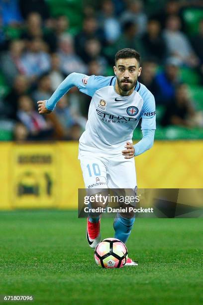 Anthony Caceres of Melbourne City runs with the ball during the A-League Elimination Final match between Melbourne City FC and the Perth Glory at...