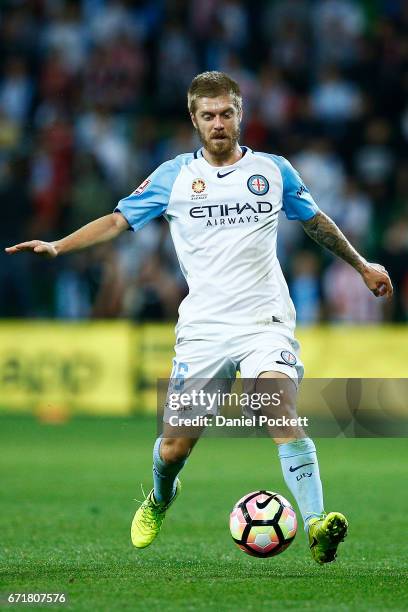 Luke Brattan of Melbourne City runs with the ball during the A-League Elimination Final match between Melbourne City FC and the Perth Glory at AAMI...