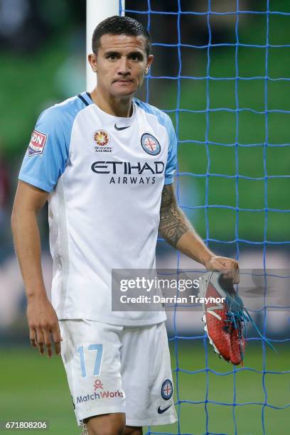 Dejected Tim Cahill of Melbourne City leaves the ground after the A-League Elimination Final match between Melbourne City FC and the Perth Glory at...