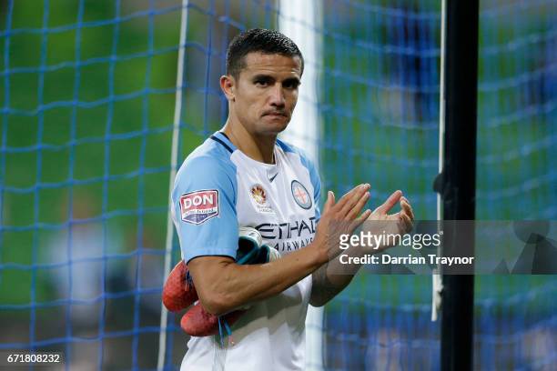 Tim Cahill of Melbourne City acknowledges the fans after the A-League Elimination Final match between Melbourne City FC and the Perth Glory at AAMI...