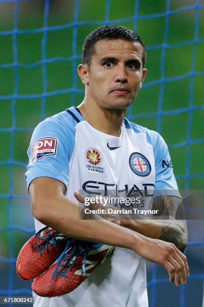 Dejected Tim Cahill of Melbourne City leaves the ground after the A-League Elimination Final match between Melbourne City FC and the Perth Glory at...