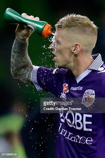 Andrew Keogh of Perth Glory takes a drink during the A-League Elimination Final match between Melbourne City FC and the Perth Glory at AAMI Park on...