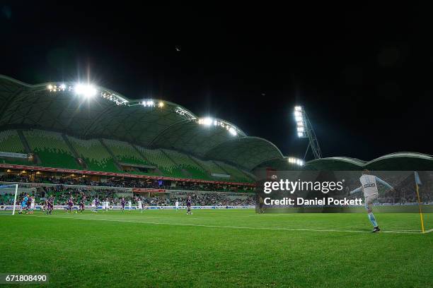 Neil Kilkenny of Melbourne City takes a corner kick during the A-League Elimination Final match between Melbourne City FC and the Perth Glory at AAMI...