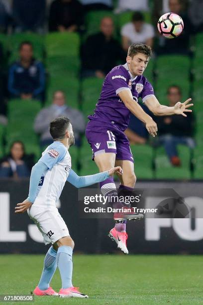 Brandon Wilson of Perth Glory heads the ball during the A-League Elimination Final match between Melbourne City FC and the Perth Glory at AAMI Park...