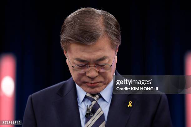 South Korean presidential candidate Moon Jae-in of the Democratic Party of Korea attends a televised debate in Seoul on April 23, 2017. South Korea...