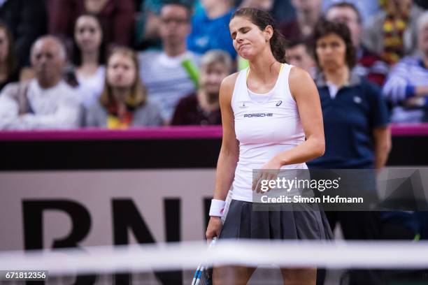 Julia Goerges of Germany reacts after missing a point against Lesia Tsurenko of Ukraine during the FedCup World Group Play-Off match between Germany...