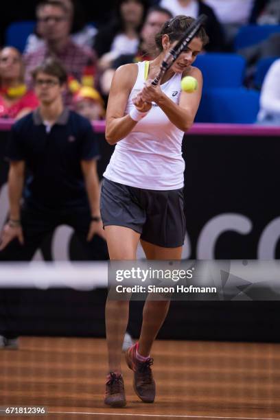 Julia Goerges of Germany returns the ball against Lesia Tsurenko of Ukraine during the FedCup World Group Play-Off match between Germany and Ukraine...