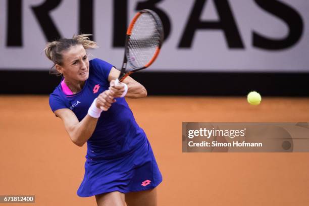 Lesia Tsurenko of Ukraine returns the ball against Julia Goerges of Germany during the FedCup World Group Play-Off match between Germany and Ukraine...