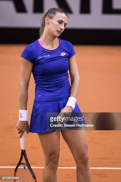 Lesia Tsurenko of Ukraine reacts after missing a point against Julia Goerges of Germany during the FedCup World Group Play-Off match between Germany...