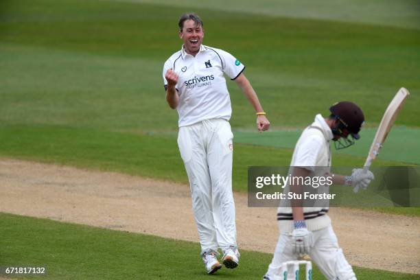 Warwickshire bowler Rikki Clarke celebrates after dismissing Surrey batsman Dominic Sibley on day three of the Specsavers County Championship:...