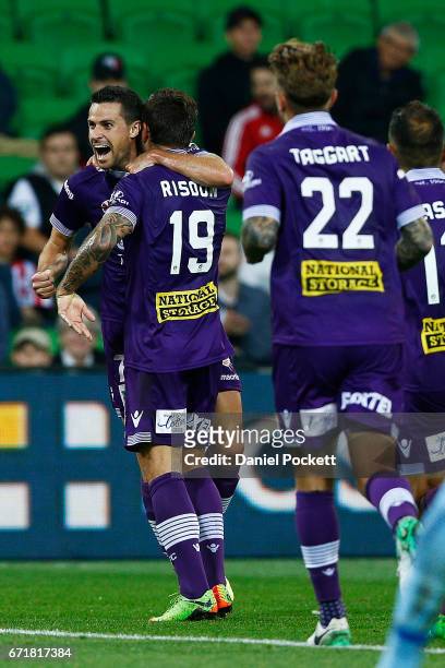 Joel Chianese of the Glory celebrates with teammates after scoring a goal during the A-League Elimination Final match between Melbourne City FC and...
