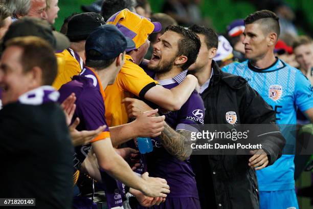 Joshua Risdon of the Glory greets fans after the A-League Elimination Final match between Melbourne City FC and the Perth Glory at AAMI Park on April...