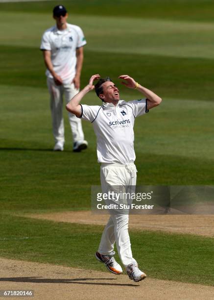 Warwickshire bowler Rikki Clarke reacts during day three of the Specsavers County Championship: Division One between Warwickshire and Surrey at...