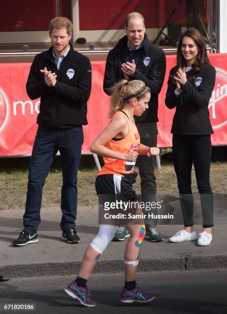 Prince Harry, Prince William, Duke of Cambridge and Catherine, Duchess of Cambridge cheer on runners after starting the 2017 Virgin Money London...