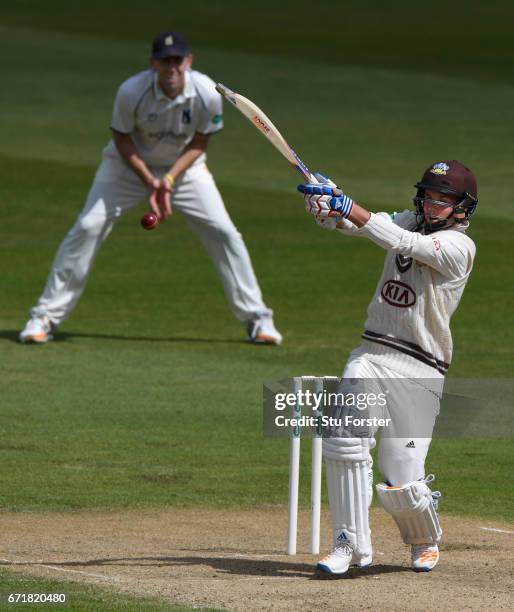 Surrey batsman Sam Curran hits out during day three of the Specsavers County Championship: Division One between Warwickshire and Surrey at Edgbaston...