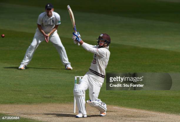 Surrey batsman Sam Curran hits out during day three of the Specsavers County Championship: Division One between Warwickshire and Surrey at Edgbaston...