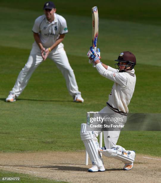 Surrey batsman Sam Curran hits out during day three of the Specsavers County Championship: Division One between Warwickshire and Surrey at Edgbaston...