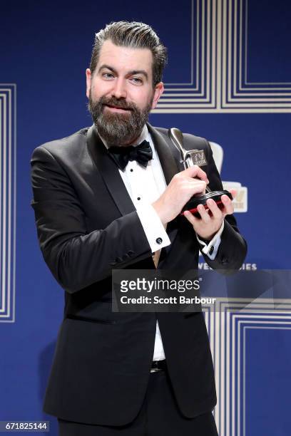 Todd Abbott poses with the Logie Award for Most Outstanding Comedy Program 'Please Like Me' during the 59th Annual Logie Awards at Crown Palladium on...
