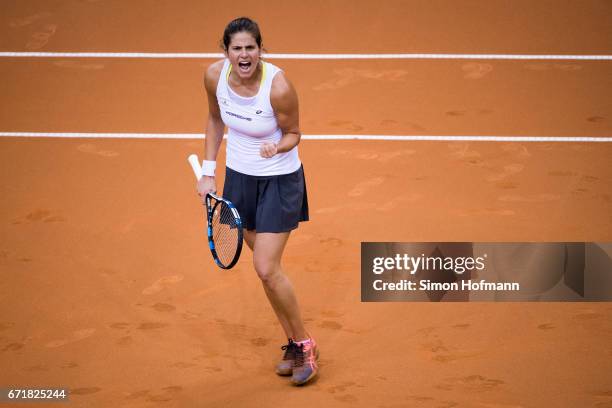 Julia Goerges of Germany celebrates victory against Lesia Tsurenko of Ukraine during the FedCup World Group Play-Off match between Germany and...