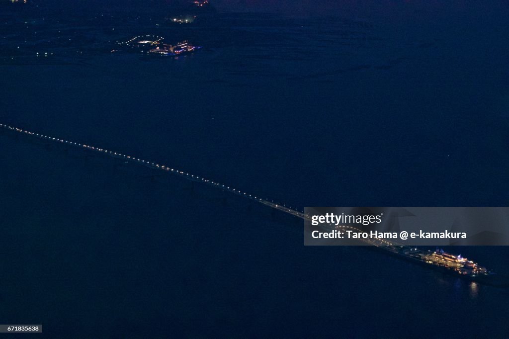 Tokyo Bay Aqua Line night aerial view from airplane