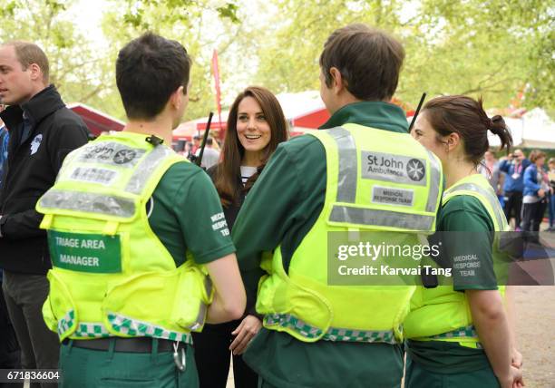 Catherine, Duchess of Cambridge meets volunteers during the 2017 Virgin Money London Marathon on April 23, 2017 in London, England.