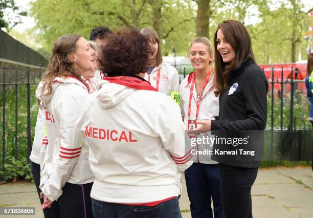 Catherine, Duchess of Cambridge meets volunteers during the 2017 Virgin Money London Marathon on April 23, 2017 in London, England.