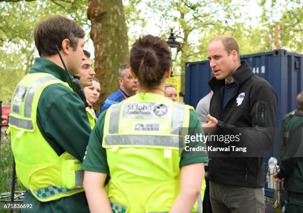 Prince William, Duke of Cambridge meets volunteers during the 2017 Virgin Money London Marathon on April 23, 2017 in London, England.