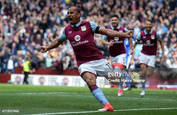 Gabriel Agbonlahor of Aston Villa celebrates his sides first goal during the Sky Bet Championship match between Aston Villa and Birmingham City at...
