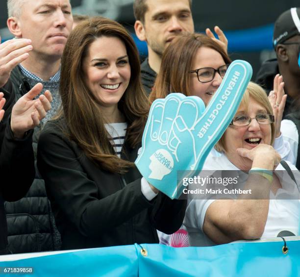 Catherine, Duchess of Cambridge cheering on runners during the 2017 Virgin Money London Marathon on April 23, 2017 in London, England.