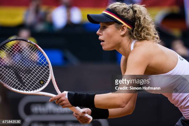 Laura Siegemund of Germany looks on during the FedCup World Group Play-Off match between Germany and Ukraine at Porsche Arena on April 23, 2017 in...