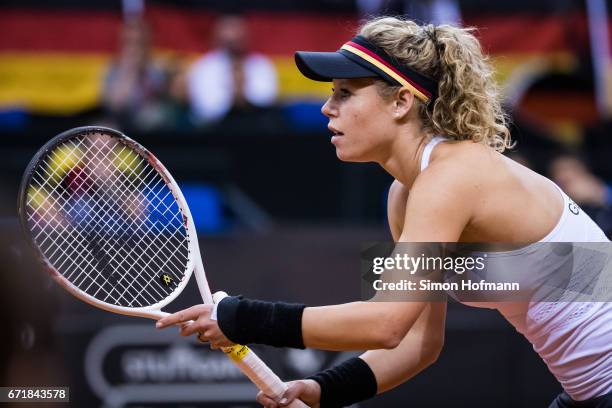 Laura Siegemund of Germany looks on during the FedCup World Group Play-Off match between Germany and Ukraine at Porsche Arena on April 23, 2017 in...