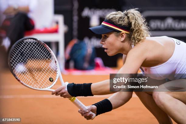 Laura Siegemund of Germany looks on during the FedCup World Group Play-Off match between Germany and Ukraine at Porsche Arena on April 23, 2017 in...