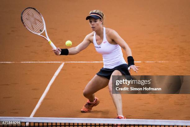 Laura Siegemund of Germany in action during the doubles match against Olga Savchuk and Nadiia Kichenok of Ukraine during the FedCup World Group...