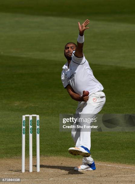 Warwickshire bowler Jeetan Patel in action during day three of the Specsavers County Championship: Division One between Warwickshire and Surrey at...