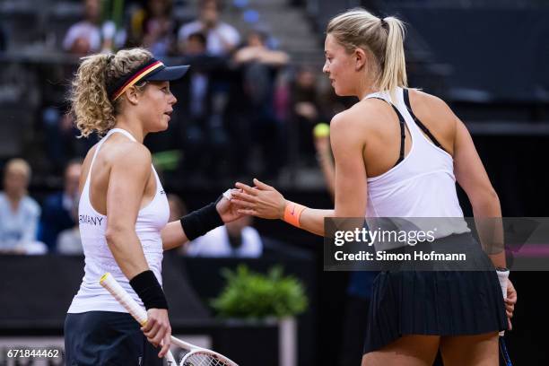 Laura Siegemund and Carina Witthoeft of Germany during the doubles match against Olga Savchuk and Nadiia Kichenok of Ukraine during the FedCup World...