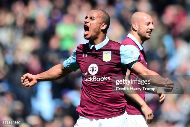 Gabriel Agbonlahor of Aston Villa celebrates during the Sky Bet Championship match between Aston Villa and Birmingham City at Villa Park on April 23,...