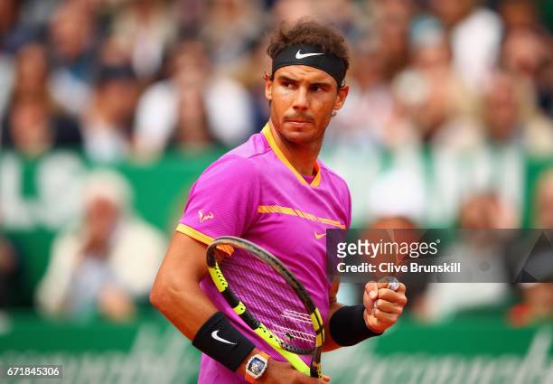 Rafael Nadal of Spain celebrates a point against Albert Ramos-Vinolas of Spain in the final on day eight of the Monte Carlo Rolex Masters at...