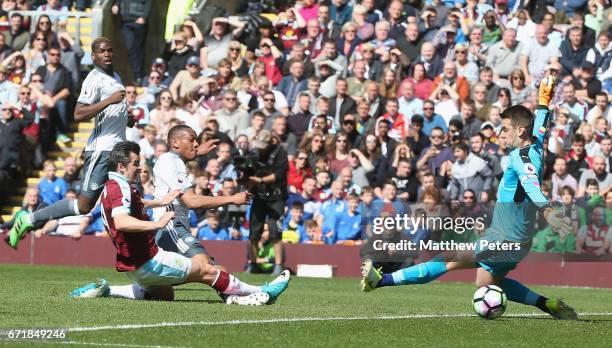 Anthony Martial of Manchester United scores their first goal during the Premier League match between Burnley and Manchester United at Turf Moor on...