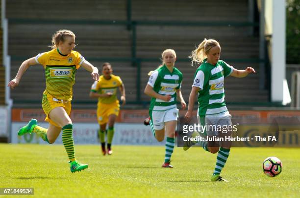 Nadia Lawrence of Yeovil Town Ladies beats Ash Hodgson of Liverpool Ladies FC to the ball during the WSL Spring Series Match between Yeovil Town...