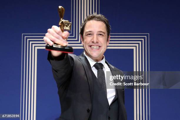 Samuel Johnson poses with the Gold Logie Award for Best Personality On Australian TV during the 59th Annual Logie Awards at Crown Palladium on April...